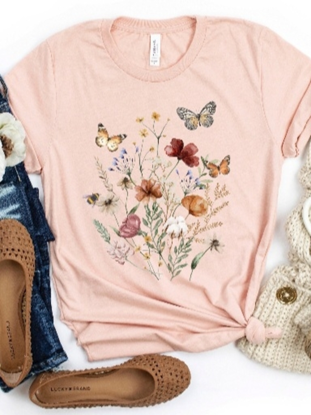 Bella Canvas Heather Peach Floral & Butterfly Short Sleeve Tee